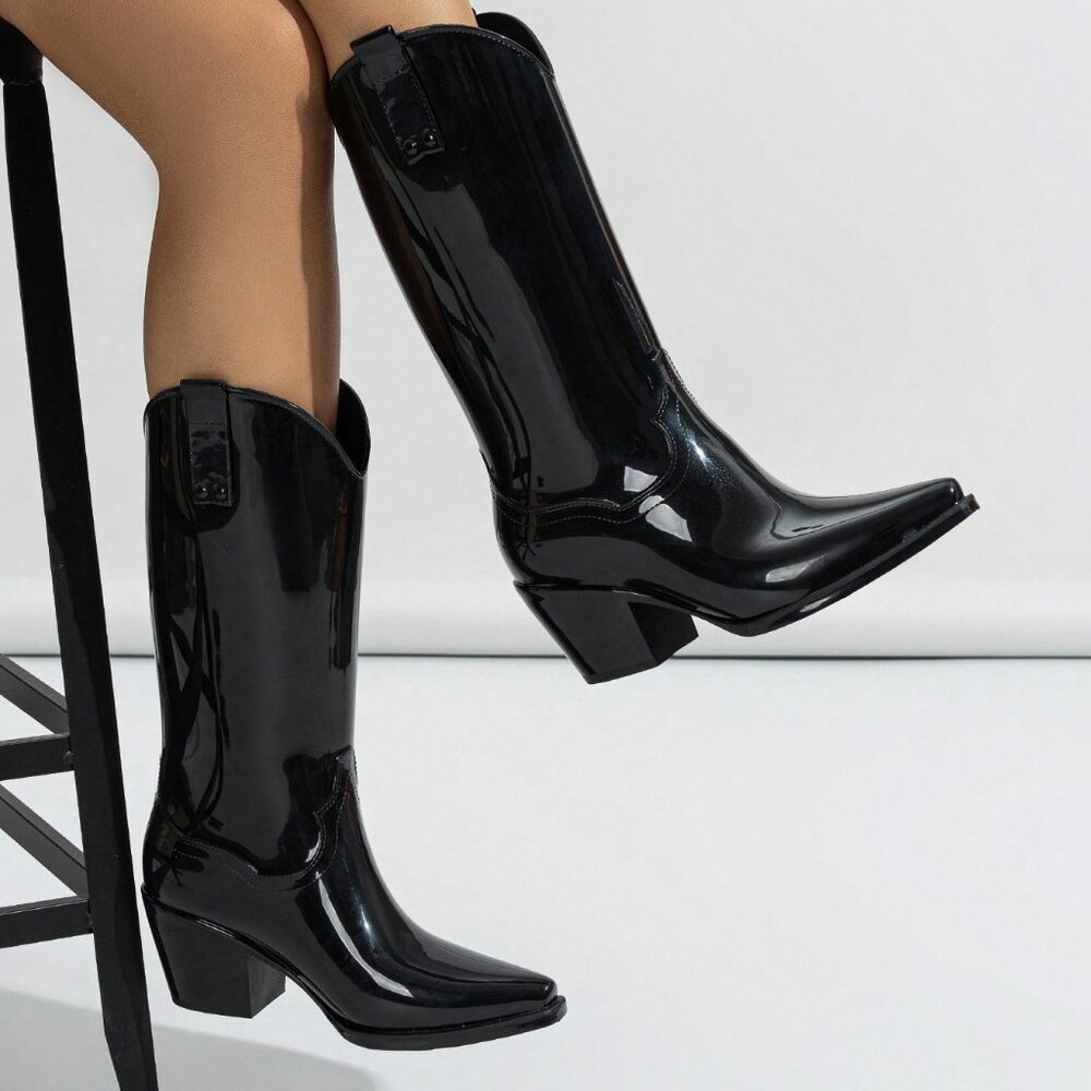 Black Sexy Women's High Heeled Rain Boots,